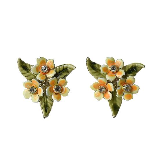 1950s Coro Gold Plate Peach Enamel & Rhinestone Flower Screw Back Earrings - Picture 4 of 4